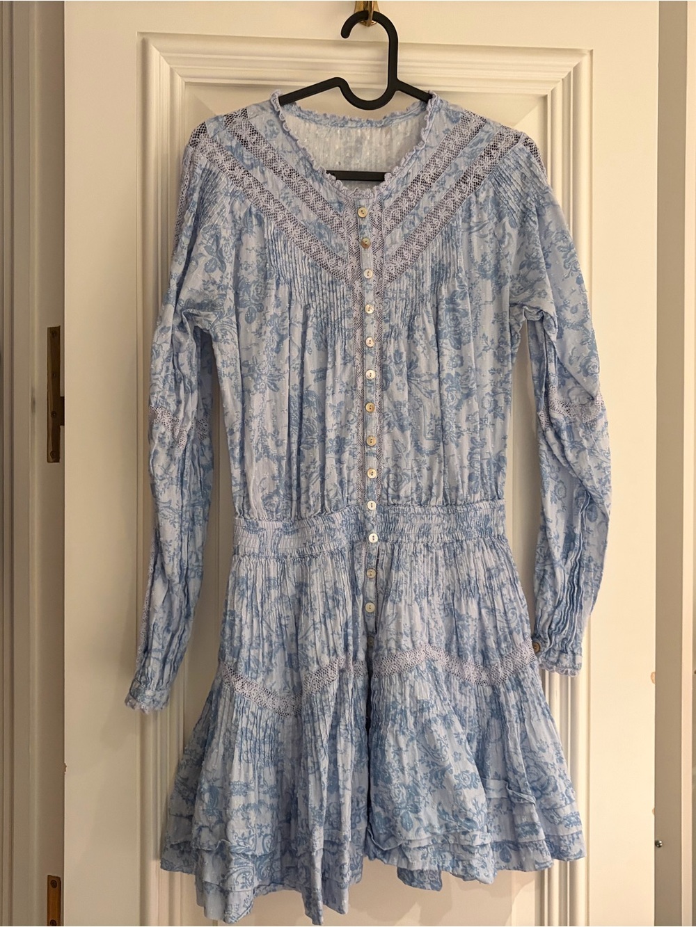 LoveShackFancy Light Blue Floral Button-Front Long-Sleeve Dress (tag removed)